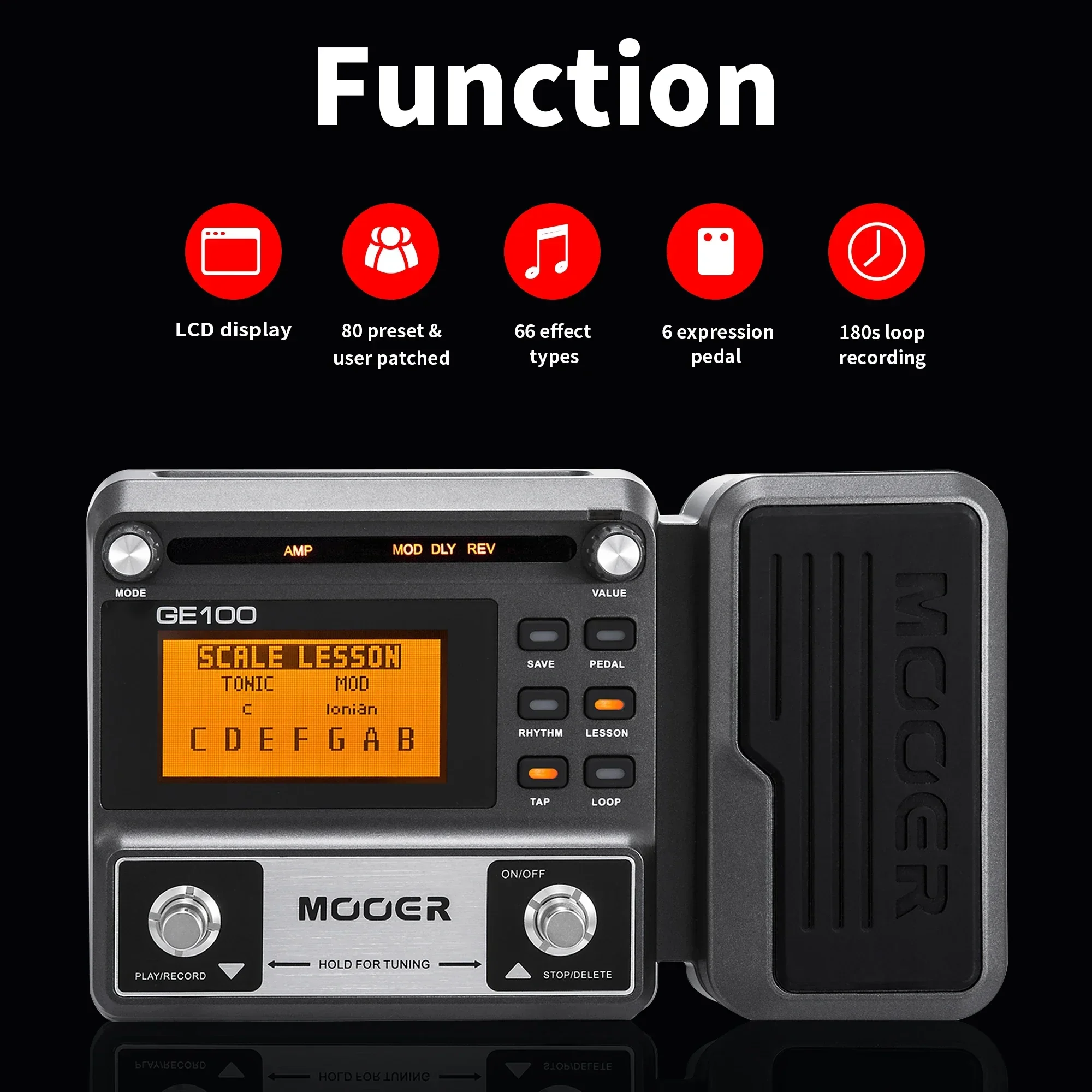 Pedal de guitarra eléctrica MOOER GE100 Pedal de procesador de efectos con grabación en bucle Tiempo máximo 180s 40 ritmos de batería 8 módulos de efectos