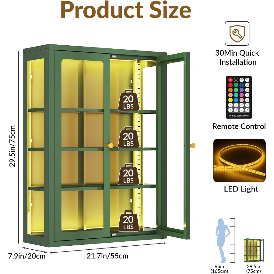 Metal wall display storage cabinet for retail use, aluminum alloy, matte black, RGB light with adjustable brightness and color