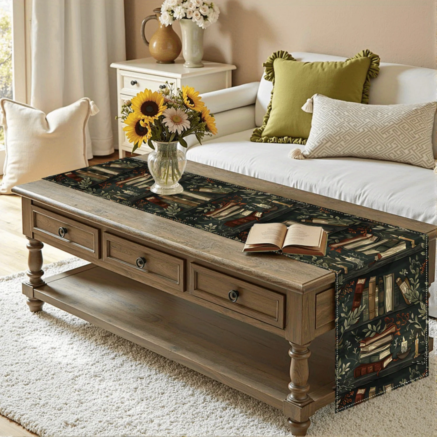1pc High-Quality Polyester Holiday Table Runner - Repeating Book & Candle Design with Autumn Leaves