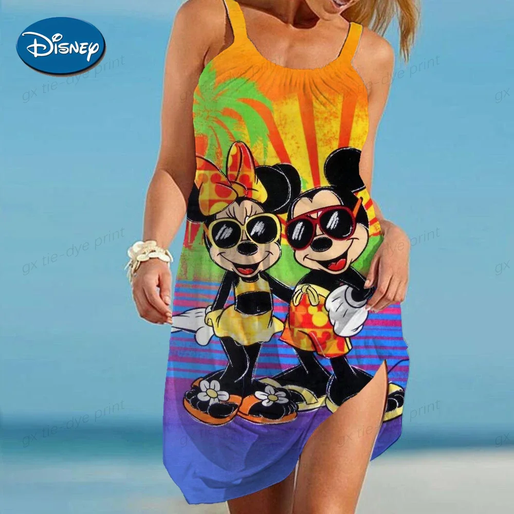 Women's deep neck Bohemian beach outdoor sports sexy camisole cover up Mickey Mouse swimsuit summer beach dress short vacation