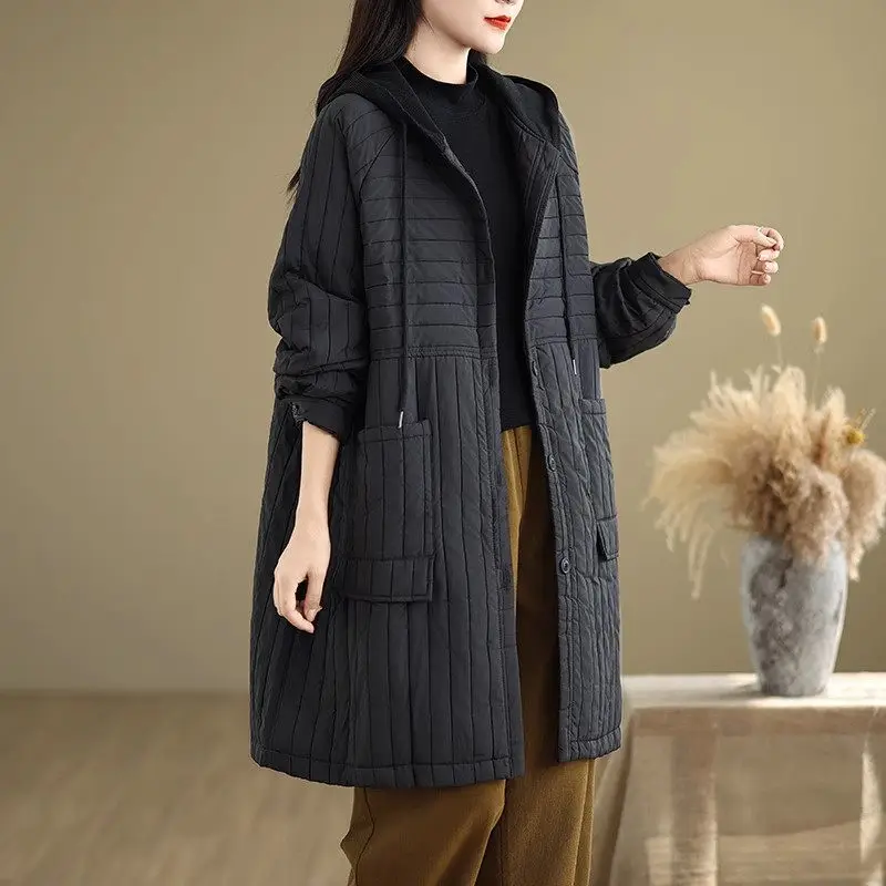 Fashion Striped Cotton Padded Thick Jacket For Women Winter 2024 New Loose And Casual Warm Medium Long Quilted Clothing a146