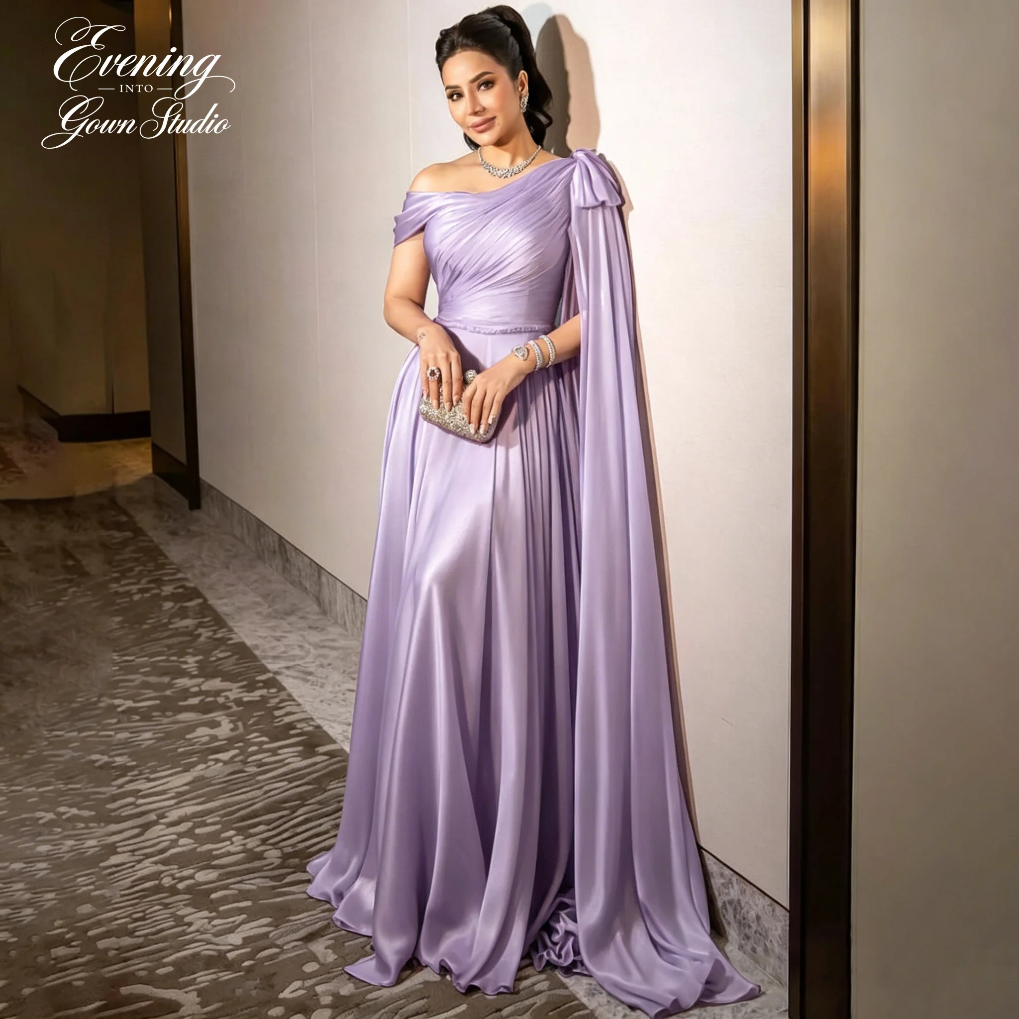 

Elegant Dubai Red Off Shoulder Elegant Evening Dress with Bow Cape for Women Wedding Formal Gown Party Dress Customized