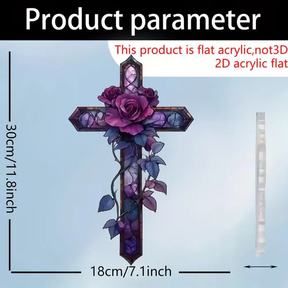 Purple Rose Cross Suncatcher Hanging Decor, 2D Flat Stained Acrylic Suncatcher, Stained Glass Hanging Decoration for Christmas