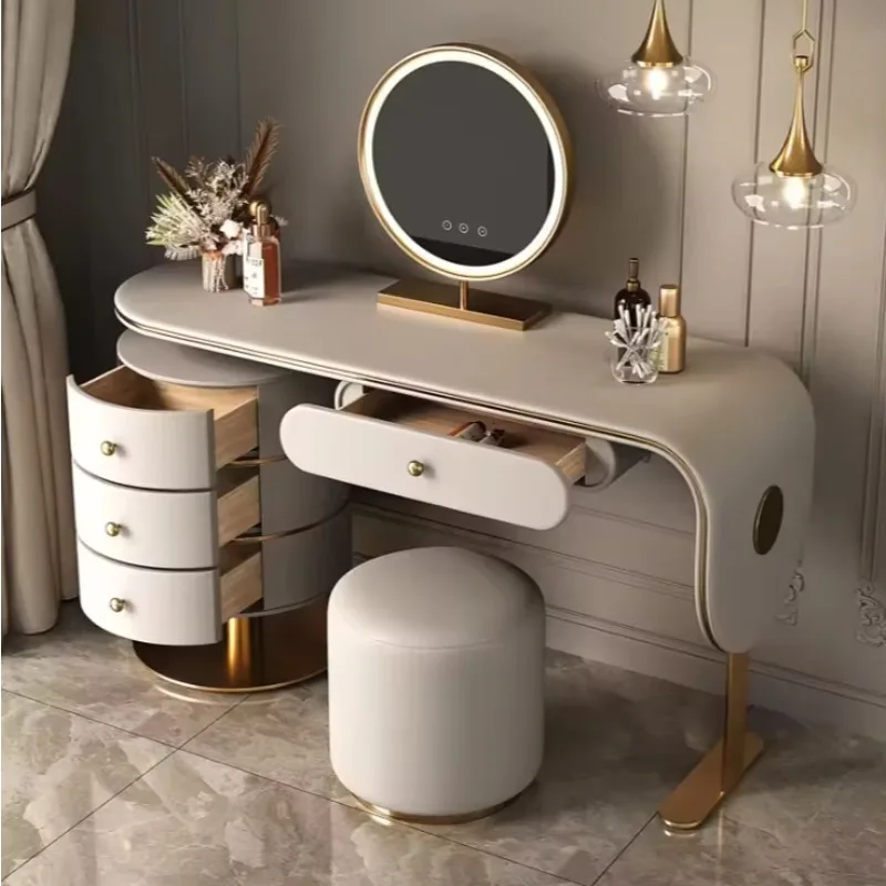 Custom High Quality Modern Wooden Plywood Panel Dressing Table Set Light Luxury Bedroom Furniture LED Makeup Mirror Vanity