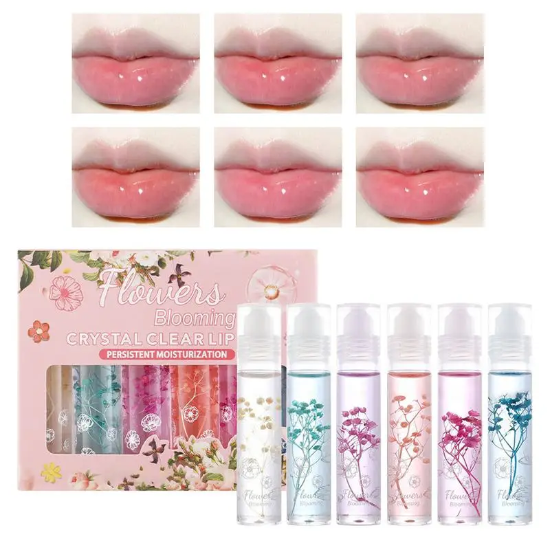 Bálsamo labial Roll-on de flores, brillo de labios transparente, aceite de labios transparente hidratante, brillo de labios hidratante de larga duración, maquillaje para el cuidado de los labios