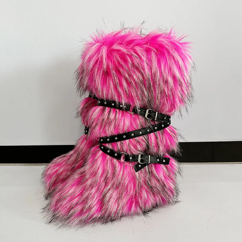 

Faux Fox Fur Boots Women Black Pink Orange White Furry Goth Studded Rivet Buckle Belt Fashion Fuzzy Winter Boots Knee High