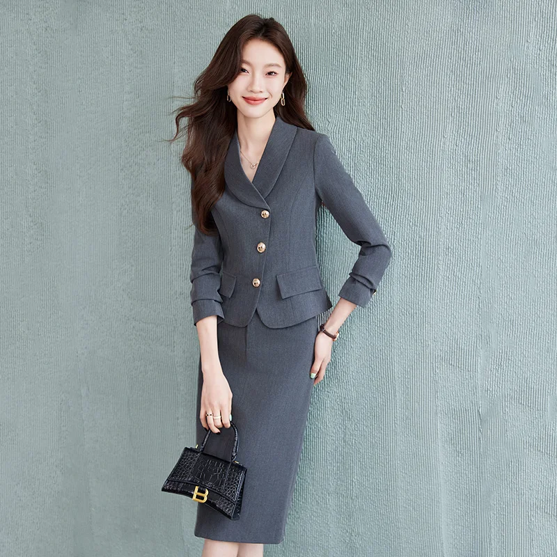 Autumn and Winter Short Grey Suit Jacket for Women 2024 New Commuting Single Breasted Professional Suit Half Skirt Set