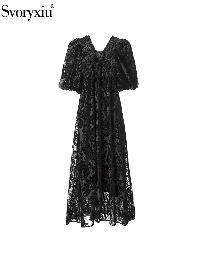 Svoryxiu-Vestido largo Vintage de terciopelo negro para fiesta de verano, moda de pasarela, vestidos acampanados de cintura alta con cuello en V y manga acampanada