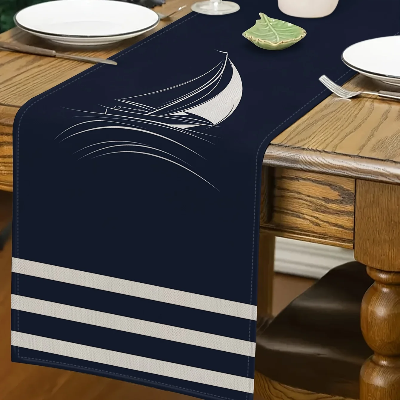 1pc Nautical Sailing Boat Table Runner - Navy Blue with White Stripes & Sailboat Design, Weddings, and Festive Celebrations