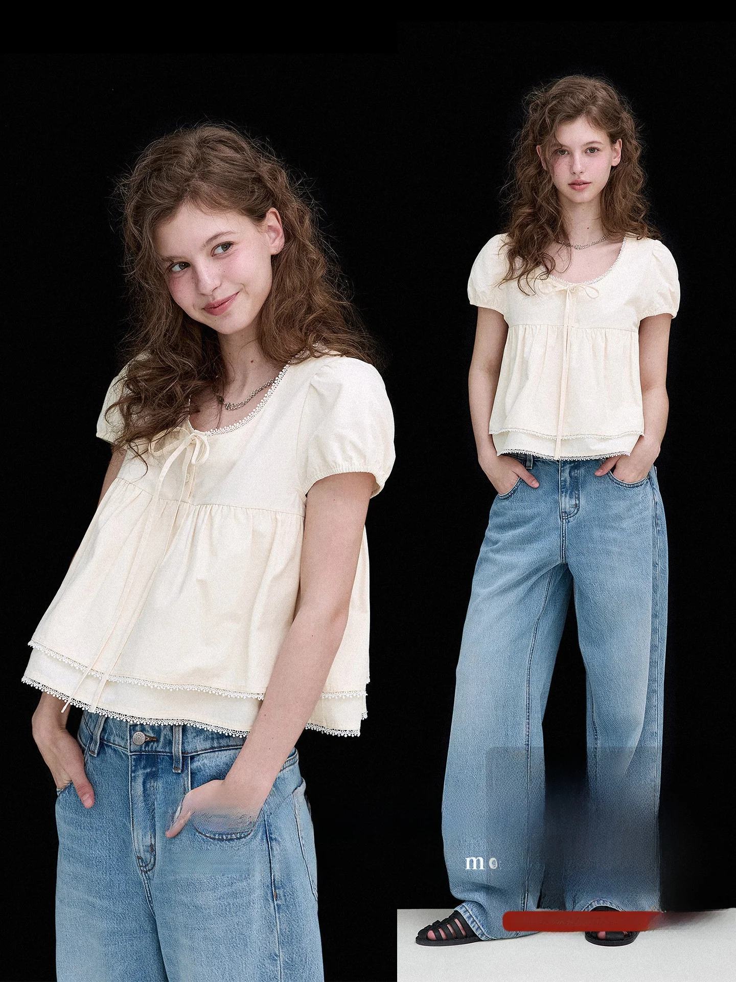 

Retro Micro Bubble Sleeve Large U-Neck Lace Trimmed Half Button Short Sleeve Doll Shirt Blouse Women's Cotton Bubble Sleeve S...