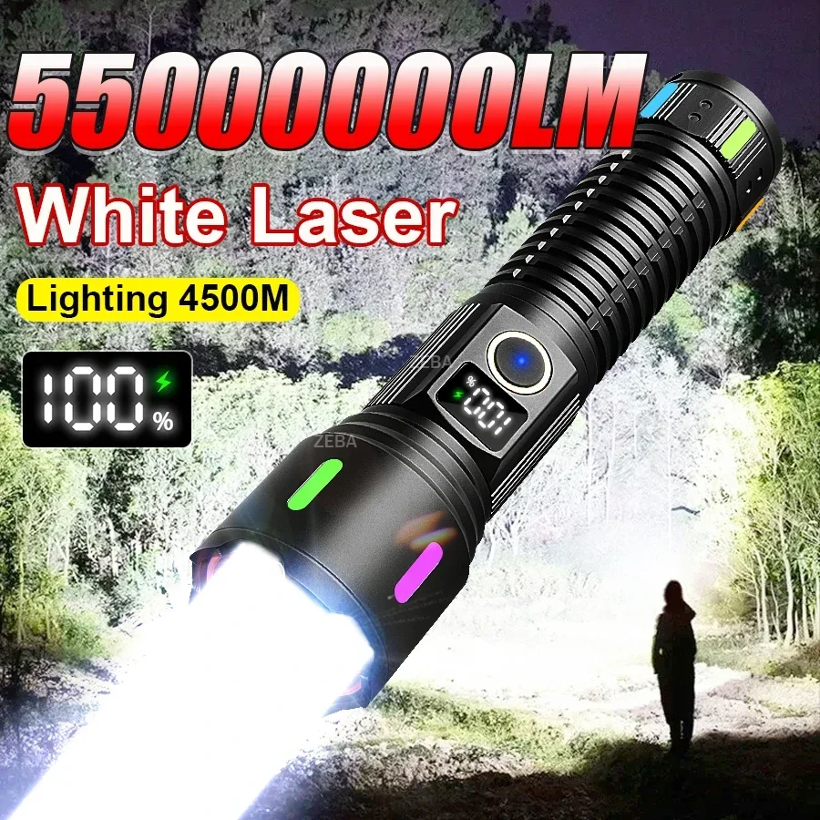 55000000LM Strong Light LED Flashlight White Laser Rechargeable Lamps Power Display Tactical Lantern Outdoor Camping Fishing