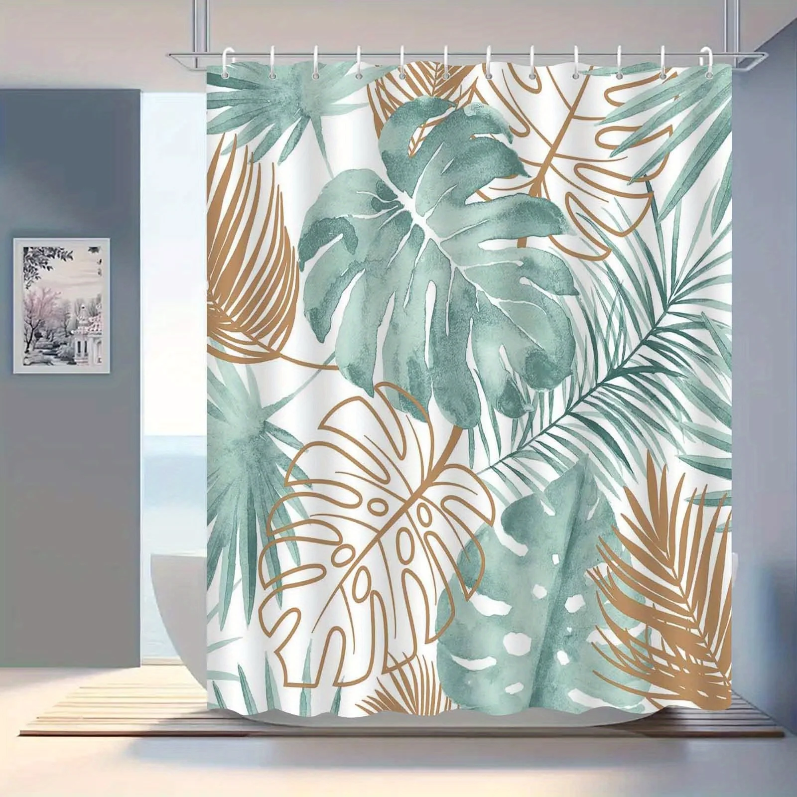 

Tropical Leaf Pattern Waterproof Bathroom Drape, Elegant Bath Decor with Hooks, Water-Resistant Artistic Accents