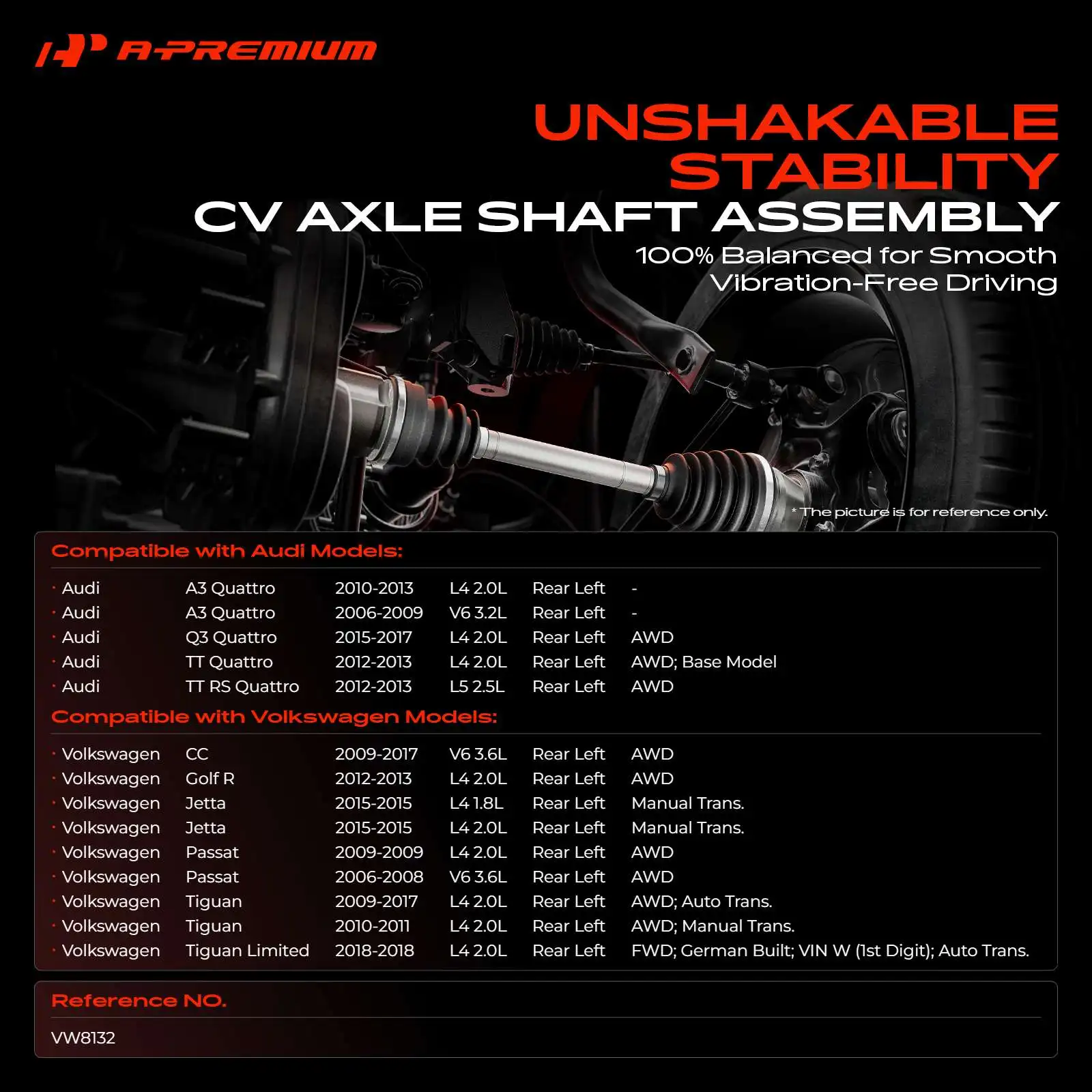 A-Premium Rear Driver Side CV Axle Assembly for Volkswagen Jetta 2015 Passat 2006-2009 Tiguan CC 2009-2017 Audi A3 Quattro