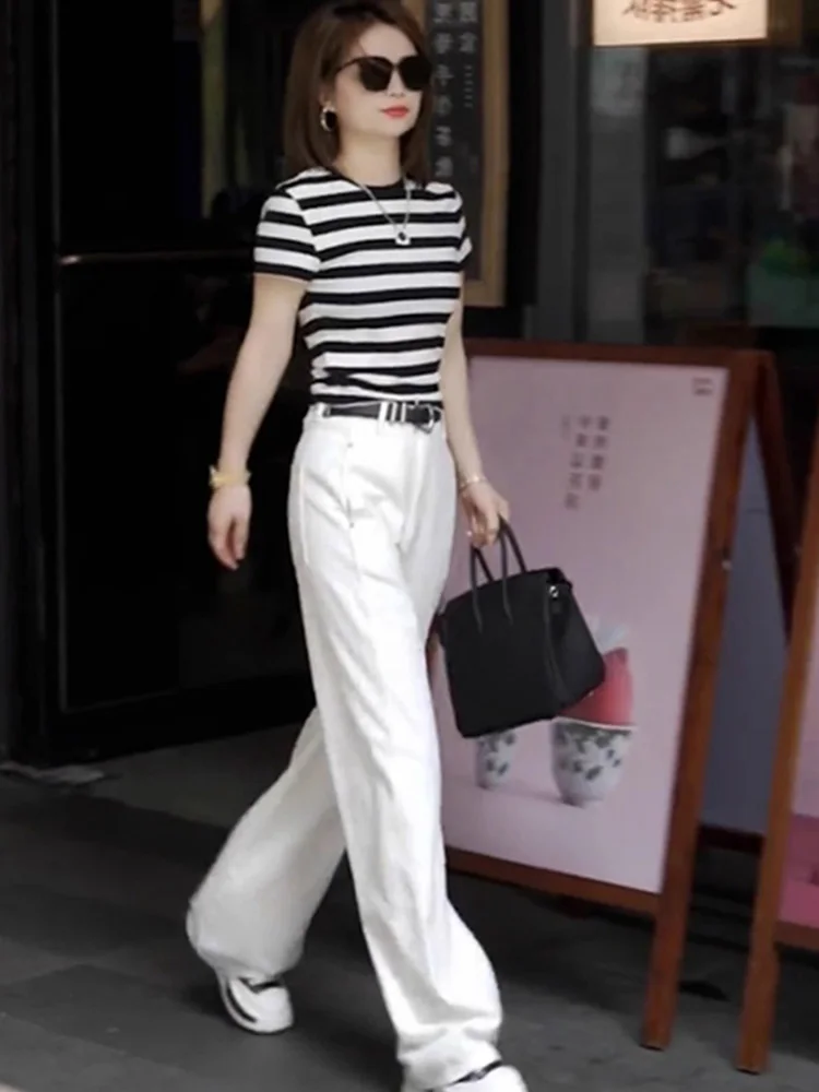 

Slim Fit Striped Short Sleeve round Neck T-Shirt Women's Summer New Style Casual Fashion Casual Wind Clothing Brand Xiangduer