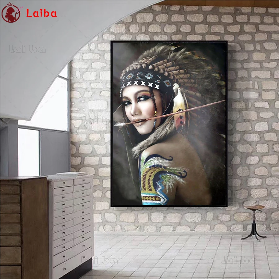 

full drill square Crystal Paintings Hot sale home art, indian woman, feather Diamond Embroidery Full round Diy Diamond Painting