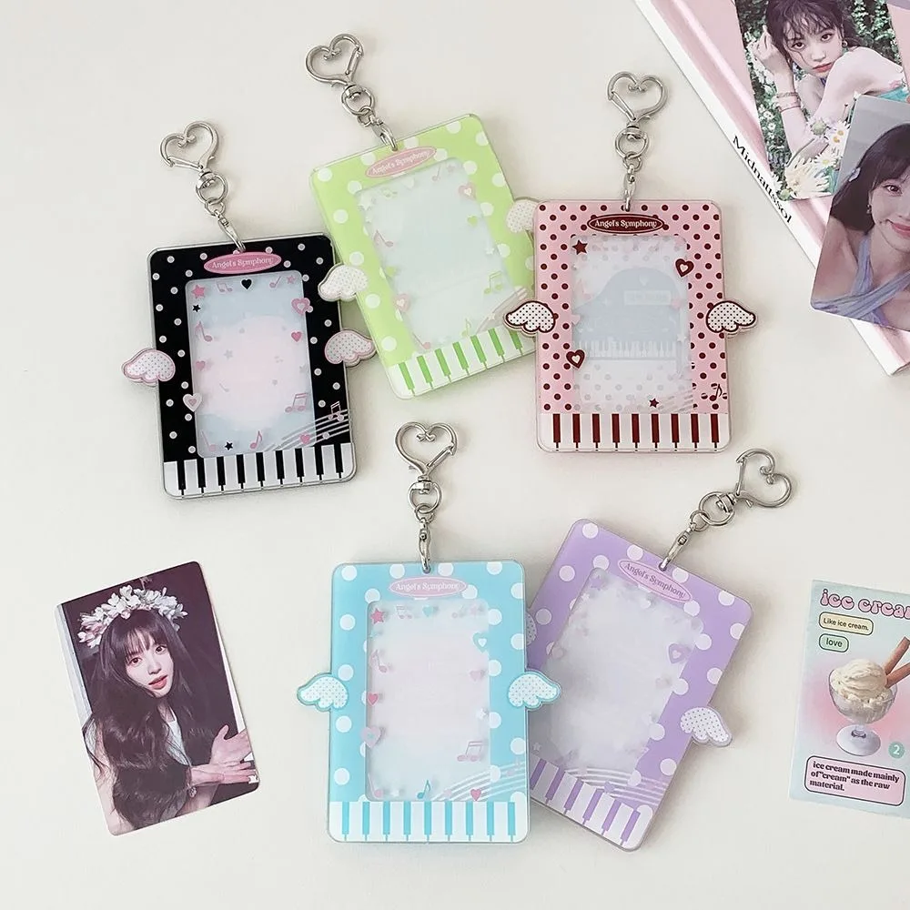 Acrylic Kpop Photocard Holder Keychain 3 Inch Polka Dot Wings Card Holder Cartoon Transparent Idol Card Display Protector