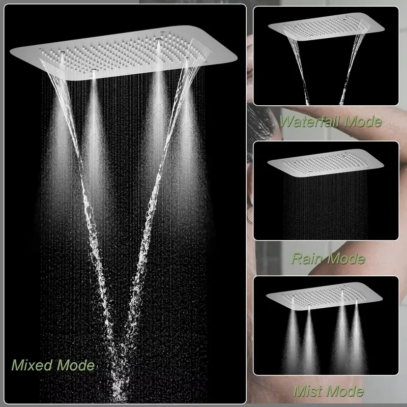 Modern Brass Wall-Mounted Thermostatic Waterfall Bathroom Shower System with Ceramic Valve Core Rain & Jet Spray Faucet Set