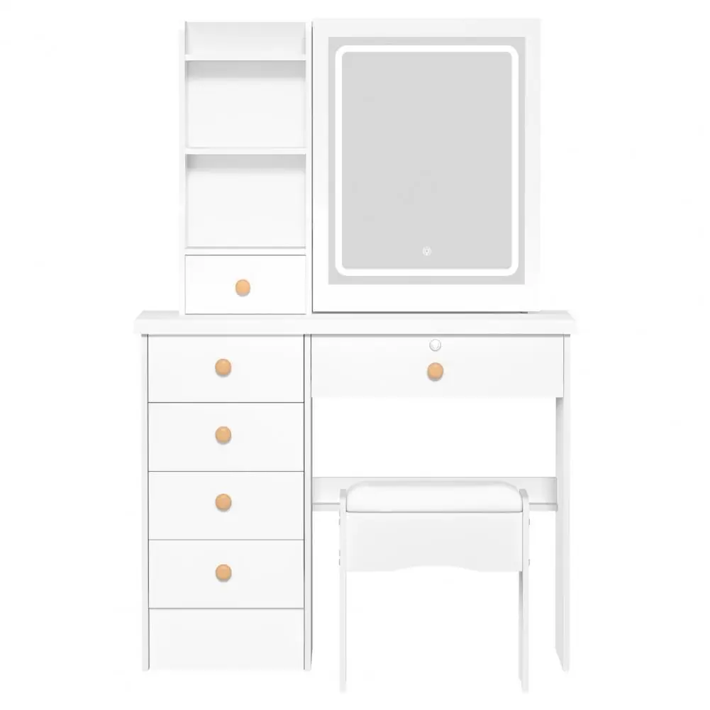 Meja Rias Rias dengan Cermin Menyala LED, Meja Rias dengan Kabinet 4 Laci, Set Bangku Berbantalan Meja Rias