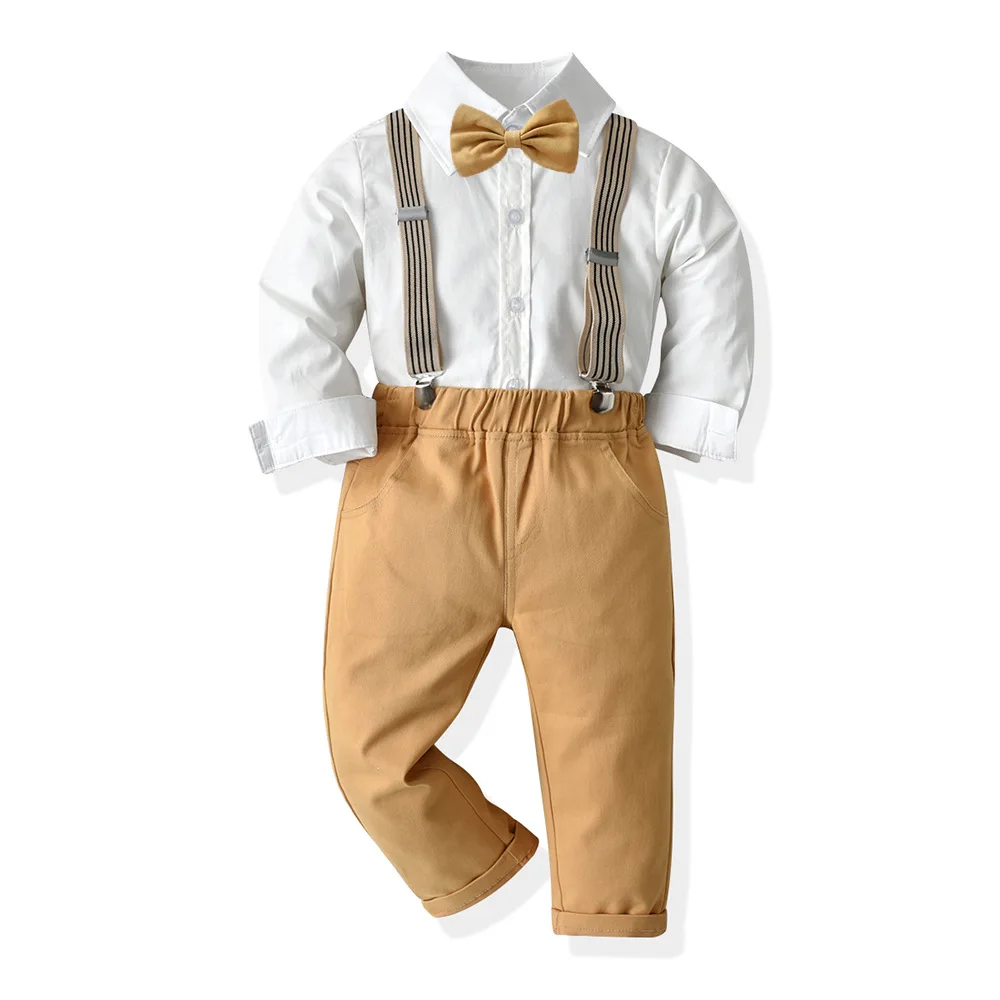 Gentleman Clothes for Kids Boy 1 2 3 4 5 6 7 Year Old Kids Blouse + Suspender Pants Children Brown Wedding Suit Birthday Outfit