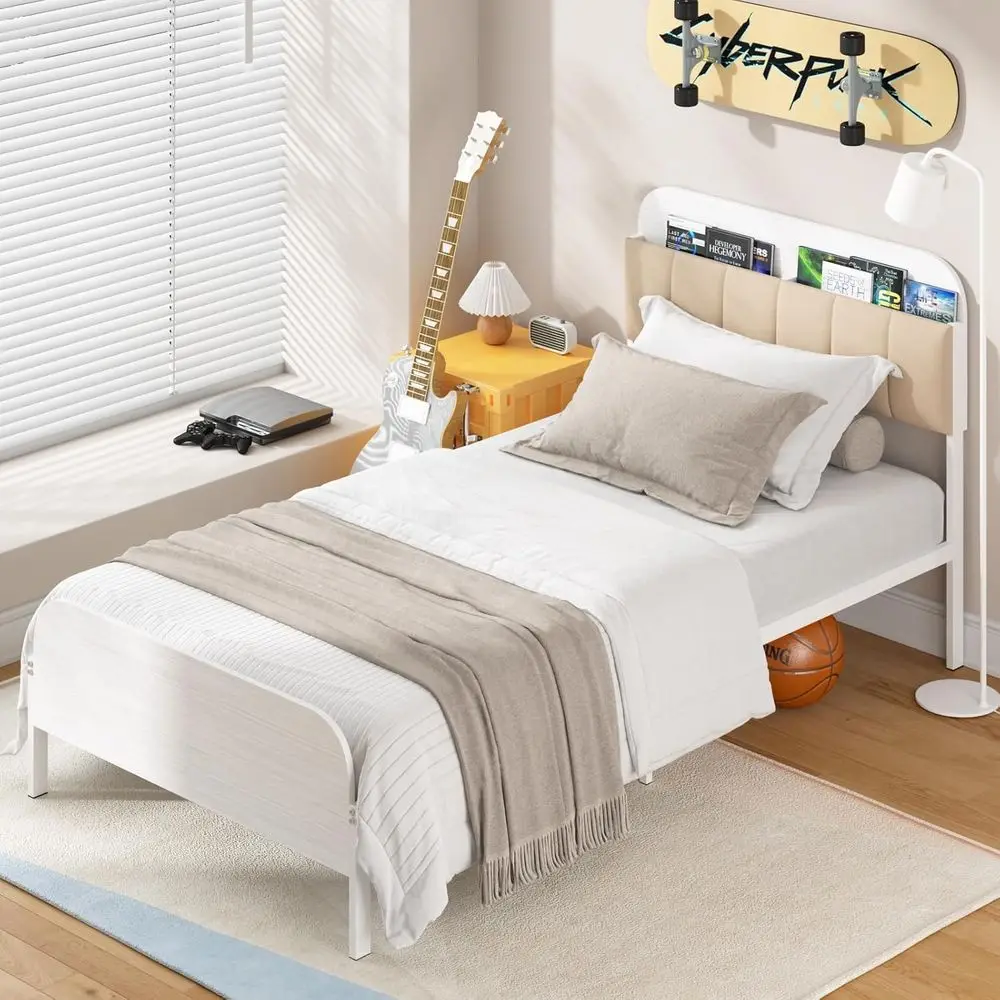 책장 헤드보드가 있는 흰색 트윈 금속 침대 프레임, 어린이, 청소년, 성인을 위한 덮개를 씌운 침대, 박스 스프링 필요 없음