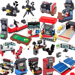 MOC City Street View Building Blocks Computer Screen Desk Retro Mini Arcade Game Console Chessboard Model Bricks Kids Toys Gift