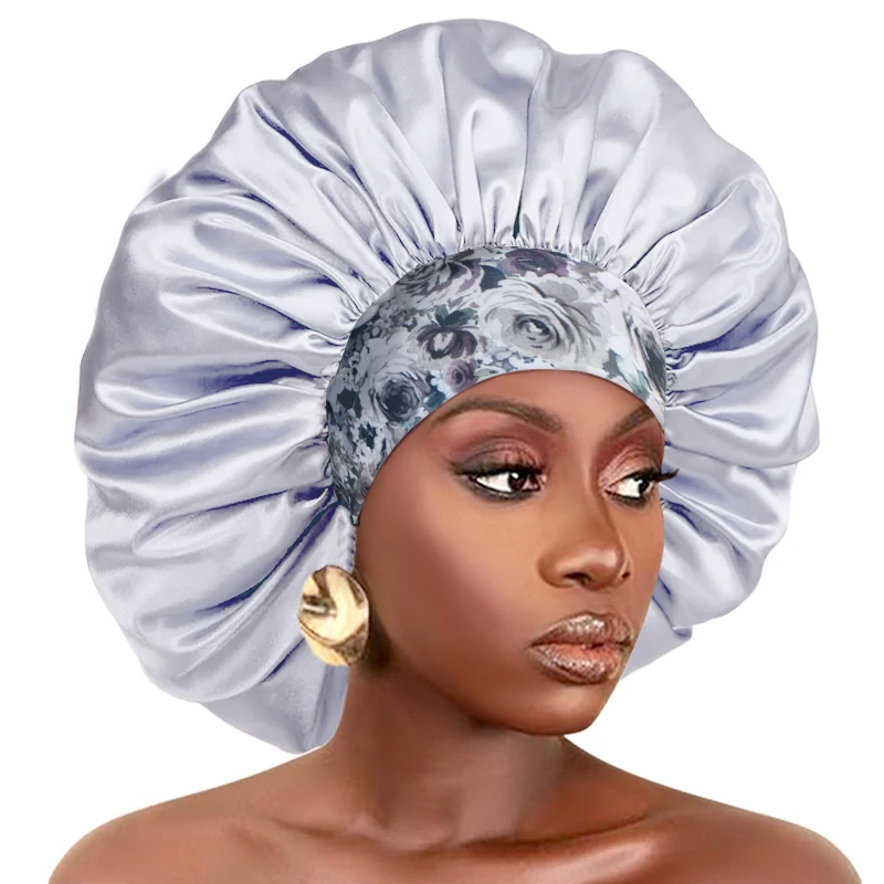 Damen Haube aus seidigem Satin für dickes Haar, Schlafhaube mit elastischem Band, afrikanische Kopfbedeckung, Blumen-Turban, Chemio-Kappen – Detail 14