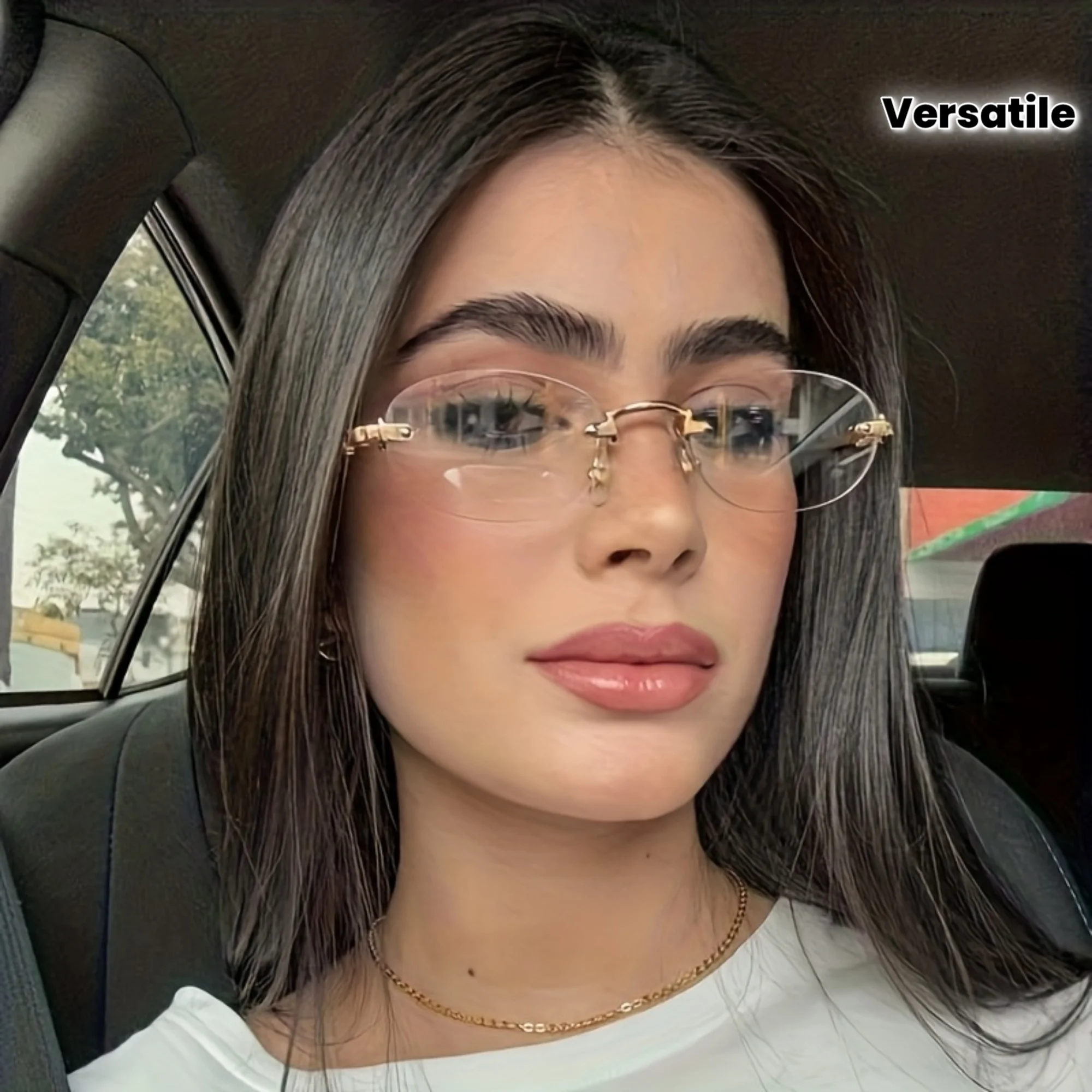 1Pc frameless oval fashion glasses, metal letter accessories, personalized retro style, versatile and elegant women's fashion glasses, suitable for daily wear, street photography, back-to-school accessories.