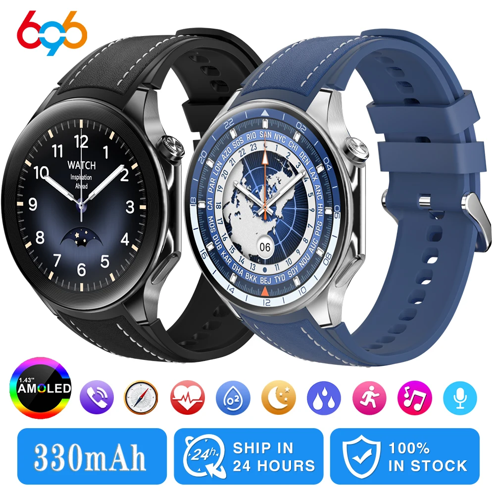 1.43 "AMOLED นาฬิกาอัจฉริยะสำหรับผู้ชาย, นาฬิกาอัจฉริยะสำหรับออกกำลังกายกันน้ำสำหรับผู้หญิงหน้าจอสีน้ำเงินมีเข็มทิศสำหรับผู้ชายอัตราการเต้นของหัวใจ NFC