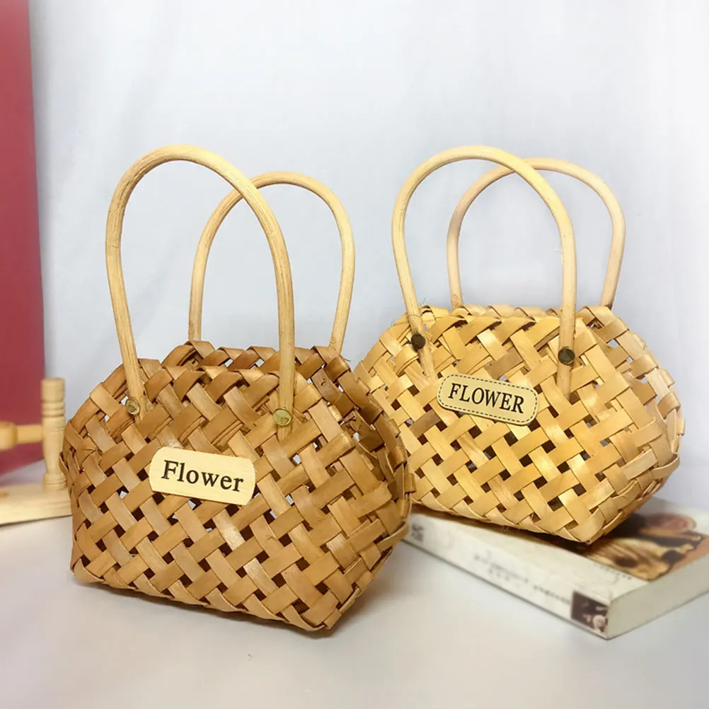

Handwoven Flower Basket Wooden Storage Portable Handbag Wedding Decoration Practical Long Lasting Double Handles