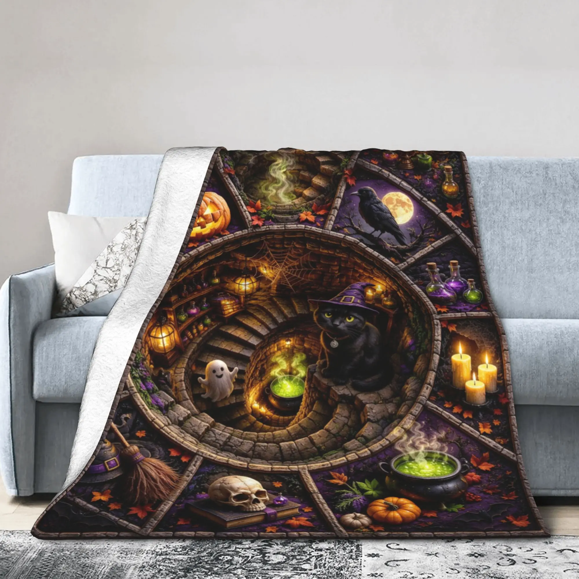 Halloween Spiral Optical Illusion Knitted Blanket Spooky Ghost  Flannel Throw Blanket Bedding Couch Printed Ultra-Soft Bedsprea