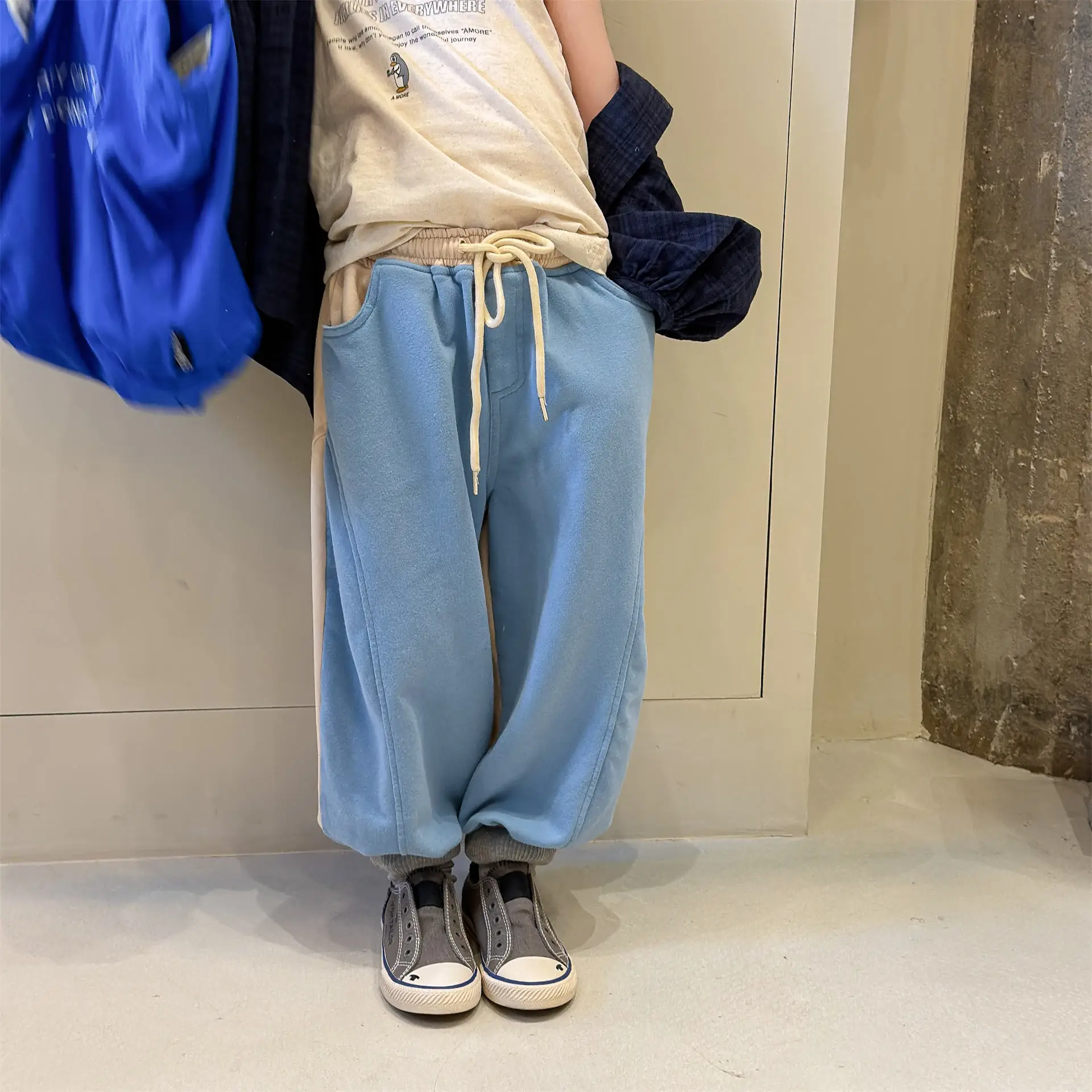 

2026 Spring New Children Casual Pants Cotton Girls Patchwork Trousers Solid Toddler Boys Loose Sweat Pants Kids Clothes