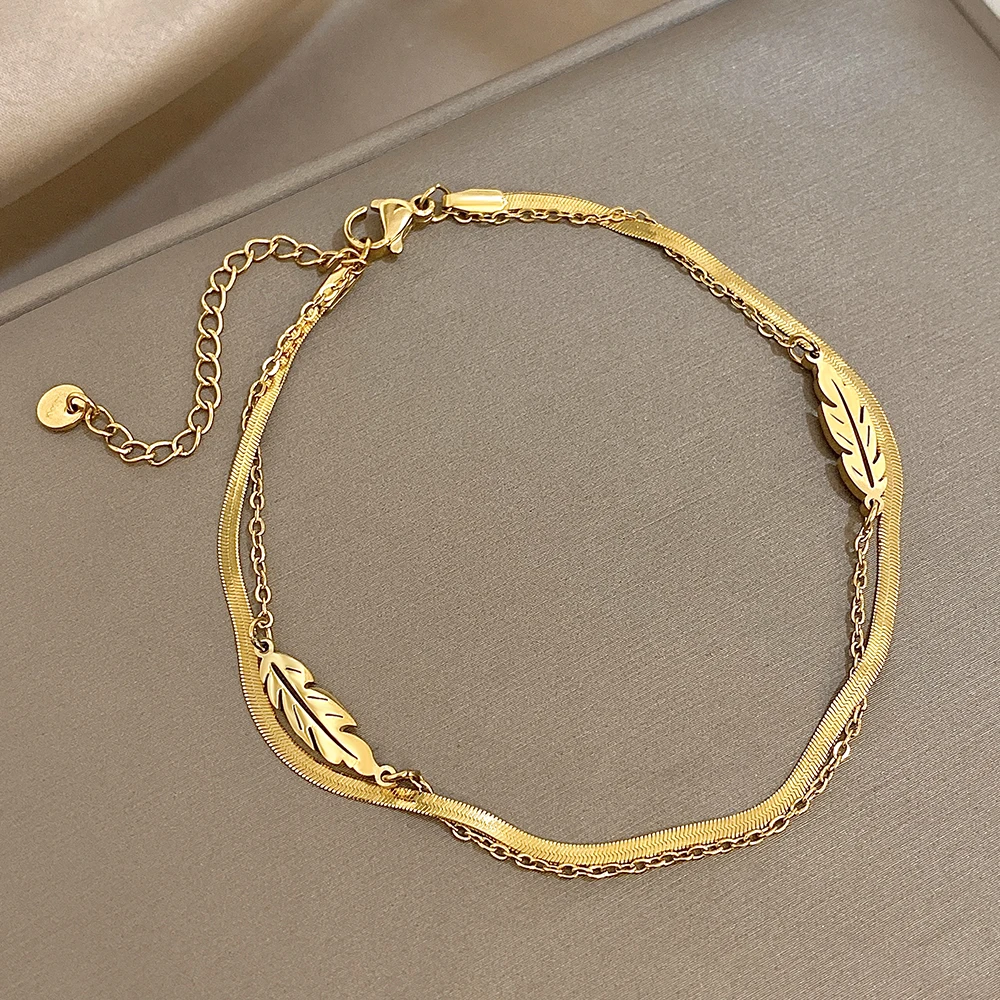 Mode Edelstahl Fußkettchen für Frauen Männer Doppelschicht Blätter Vergoldet Dicke Kette Armband Fußkettchen Wasserdicht Schmuck