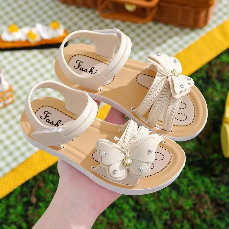 2024Girls Butterfly Hook And Loop Sandals, Wear-resistant Non-Slip Comfy Dress Shoes, Summer