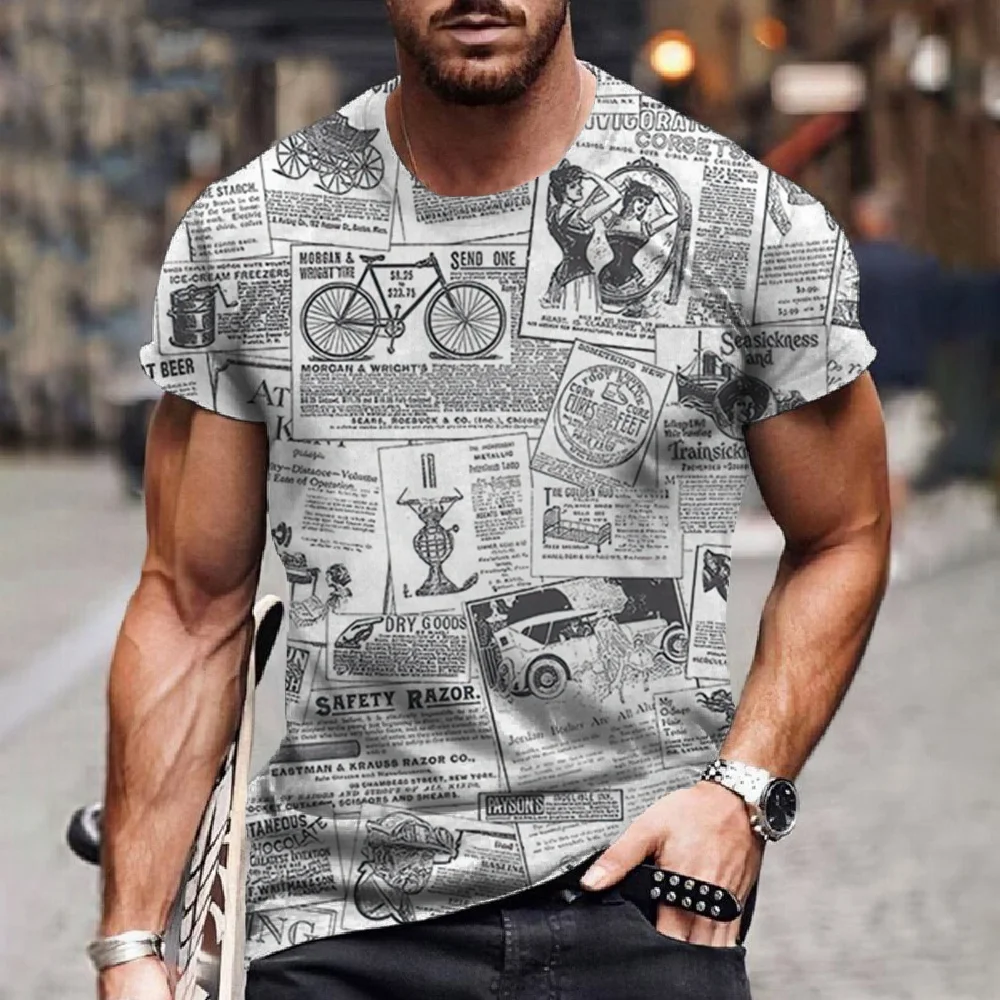 

Summer Vintage Newspaper Print Mens Designer Clothes Men's Summer Clothes T-shirt Short Sleeve Tee Newspaper Shirts Graphic Tee