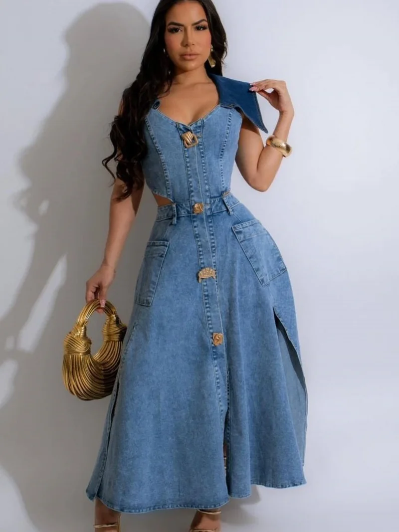 الشارع الشهير المرقعة الجوف خارج فستان من قماش الدنيم ملابس الصيف النساء بلا أكمام انقطاع جان فساتين طويلة كاوبوي ألف خط فستان Vestido