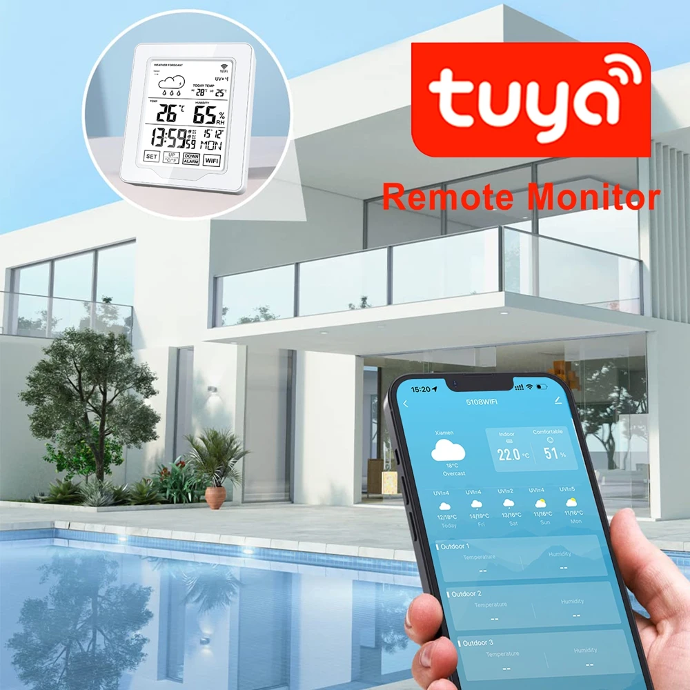 

Цифровая метеостанция Tuya WiFi с термометром, гигрометром, облачным хранилищем данных, настольными/настенными часами-будильником, календарем и дисплеем УФ-индекса