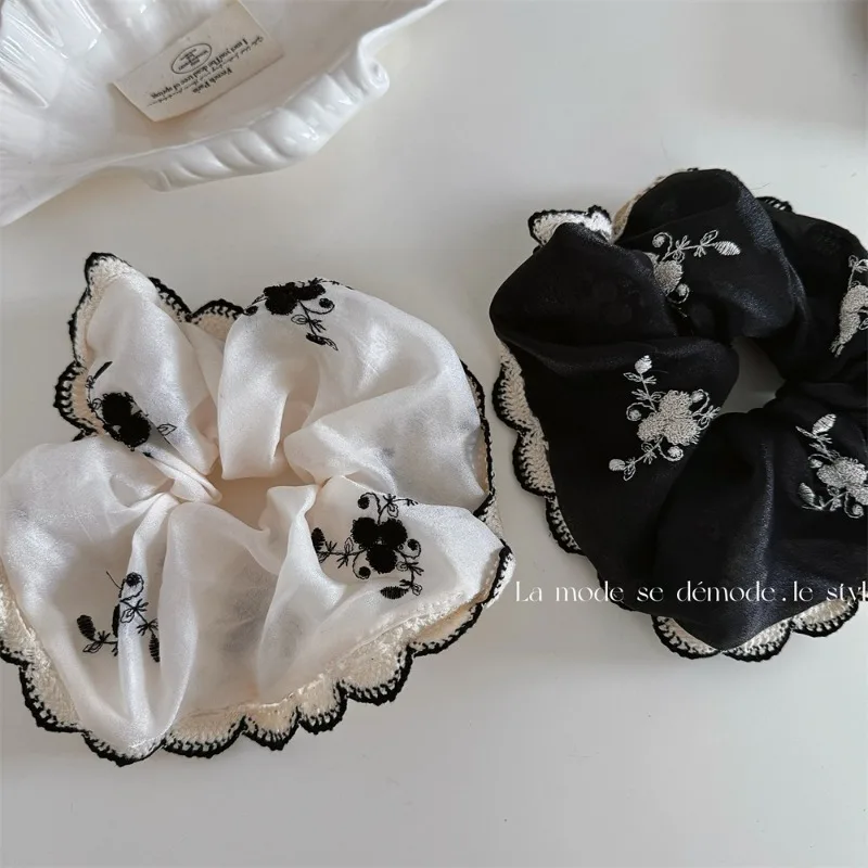 Vintage Fashion Black Embroidered Flower Hairrope Large Scrunchie Hair Loop Elegant Tie Ponytail Hairband Head Rope Headwear