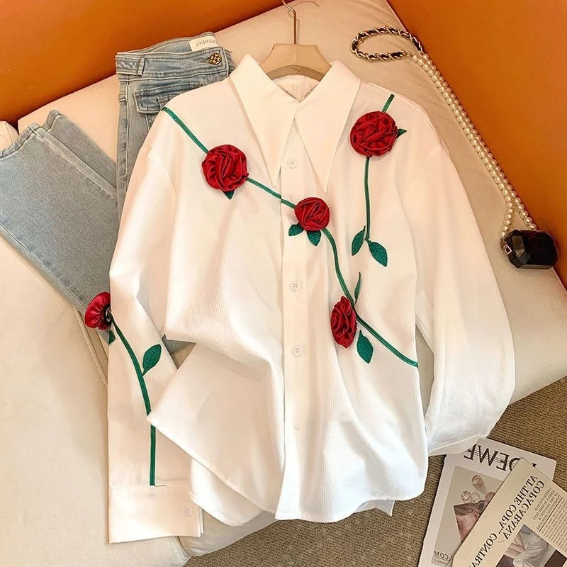 

3D Rose Lapel Neck White Shirt Top for Women Y2k Loose Long Sleeve Blouses 2025 Summer New Korean Fashion Blusas Mujer