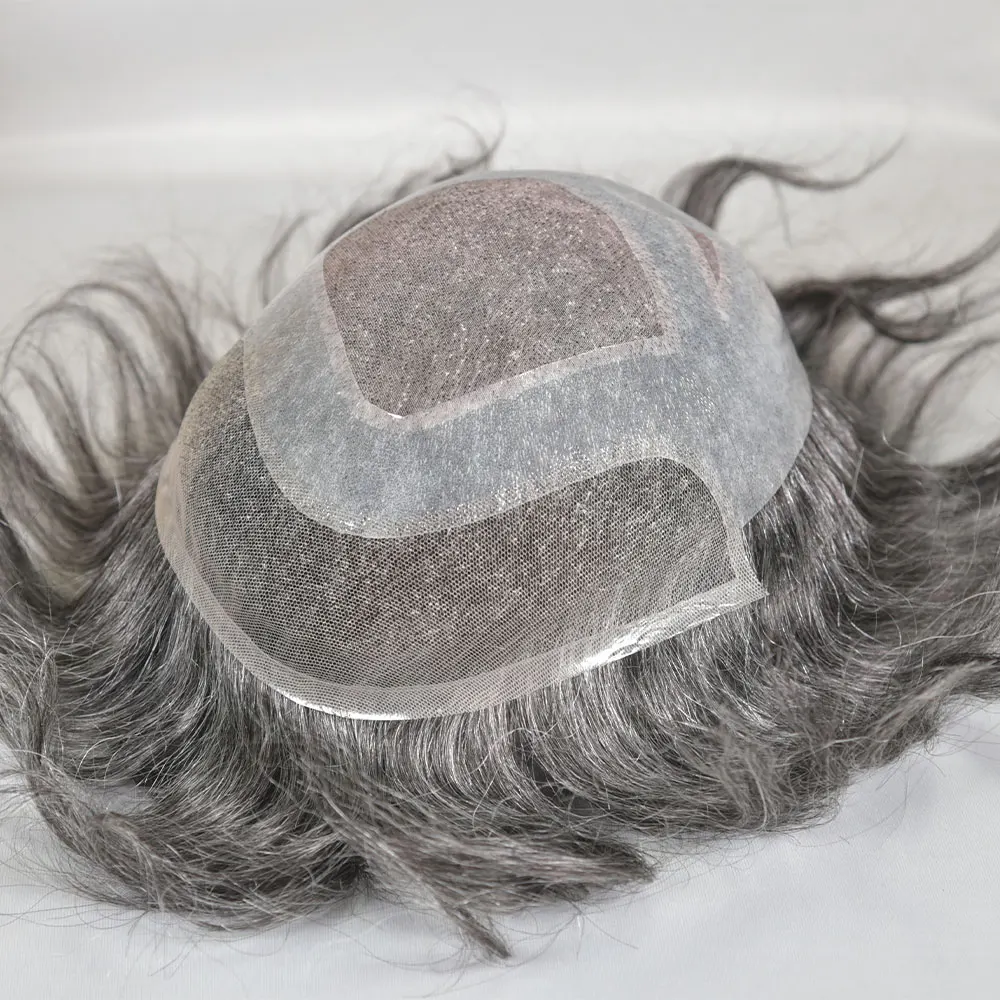 

Swiss Lace Front Toupee for Men Natural Hairline Mono PU Soft Human Hair Daily Wear Mixed Color Hair Replacement Hairpiece
