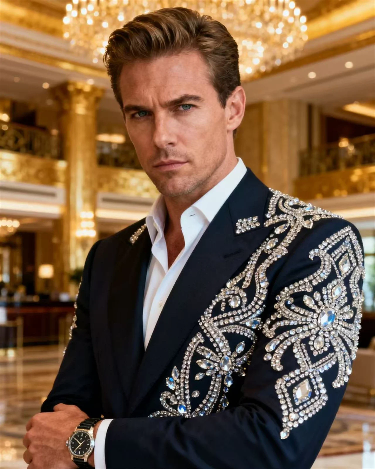 وسيم نمط حلية الراين الرجال الدعاوى مخصصة الزفاف البدلات الرسمية ضئيلة حزب 2 قطع العريس الذكور الحلل زي أوم #1