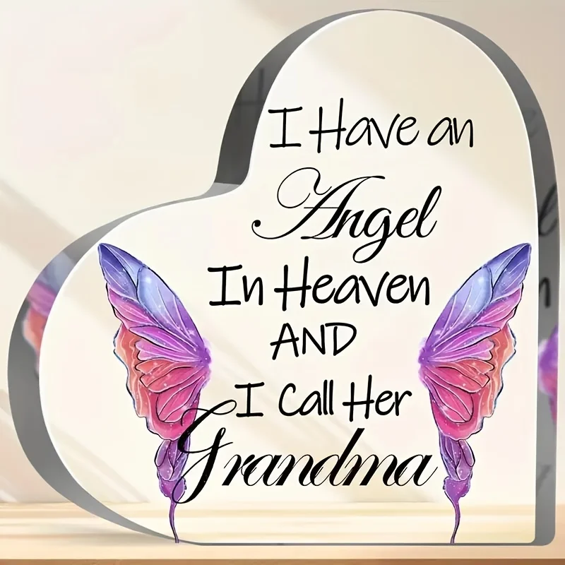 Heart Shaped Angel Memorial Keepsake, Transparent Acrylic 2D Desktop Decor with Butterfly & Letter Design for Grandma Loss, Indo