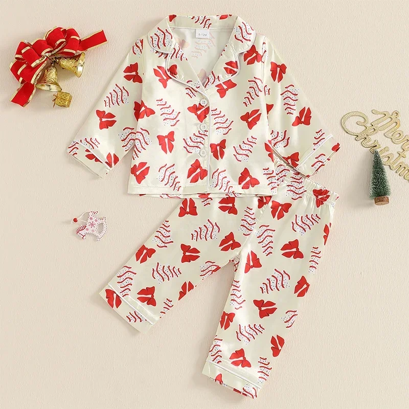 Baby Girls Satin Christmas Pajama Sets Long Sleeve Lapel Christmas Tree Bow Print Shirt Pants Sleepwear