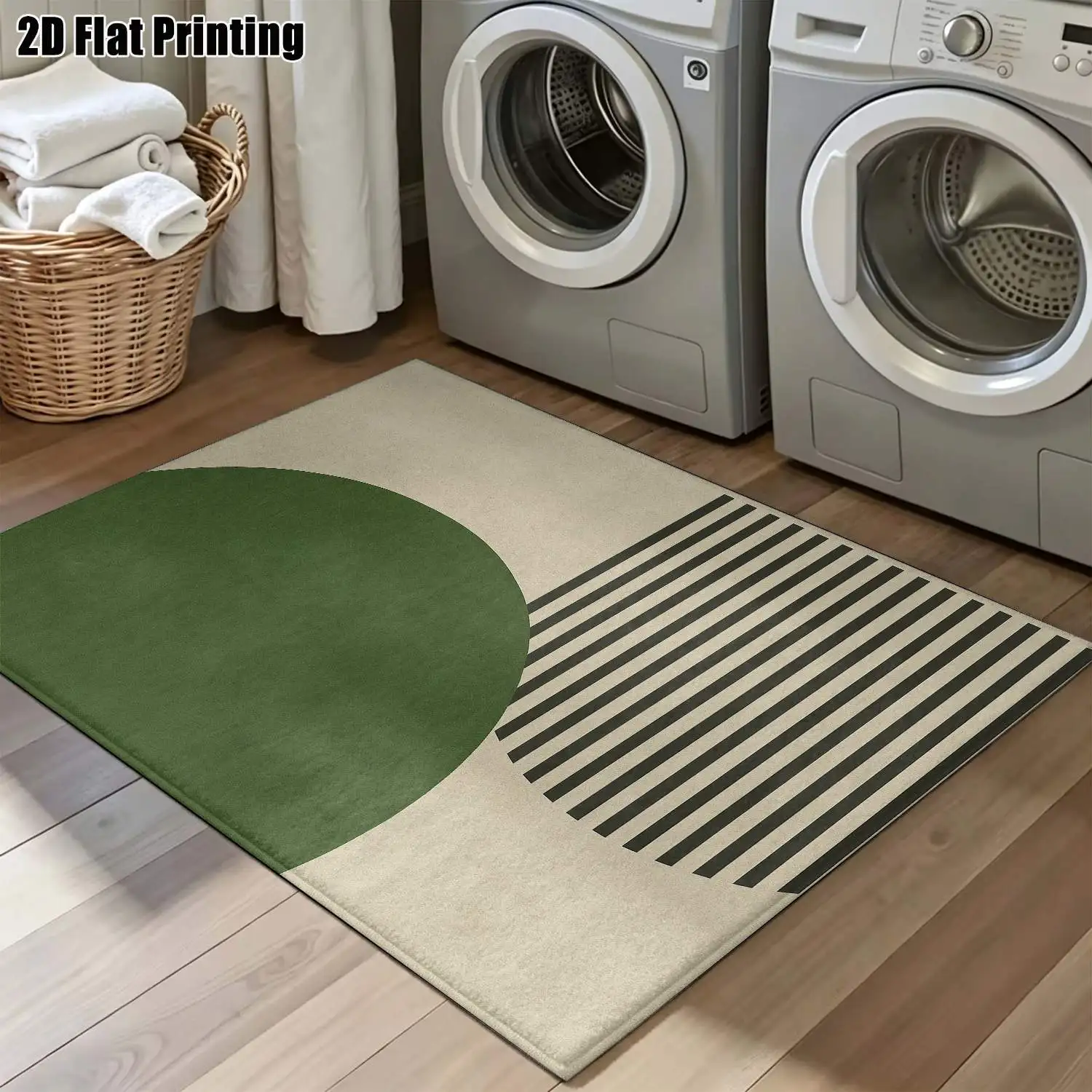 1Pc 2D Printed Green Geometric Line Nordic/Instagram Style Carpet, Modern Minimalist Abstract Art Floor Mat, Machine Washable, Multi-Size, Suitable for Home Decor, Entrance/Dining/Foyer/Bedroom/Living Room