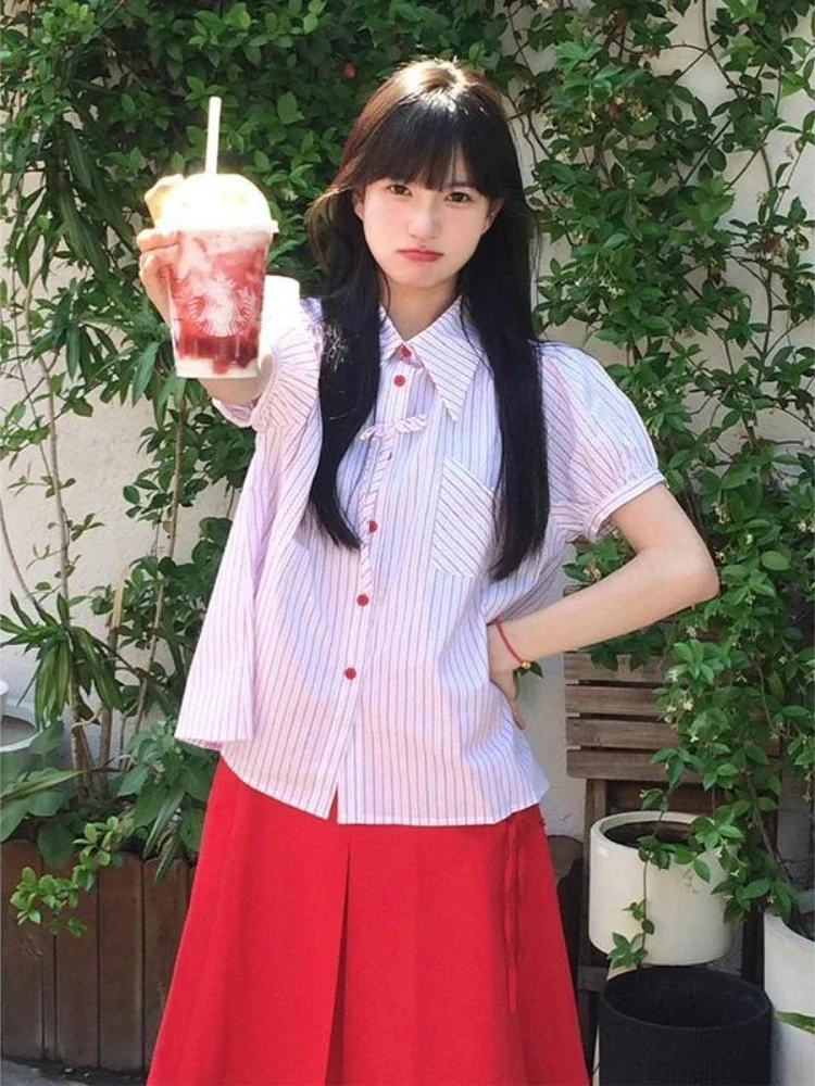 

Y2k Aesthetic Red Stripe Casual Pocket Women Blouse Vintage Single Breasted Bow Blusas Preppy Style Turn Down Collar Grunge Tops