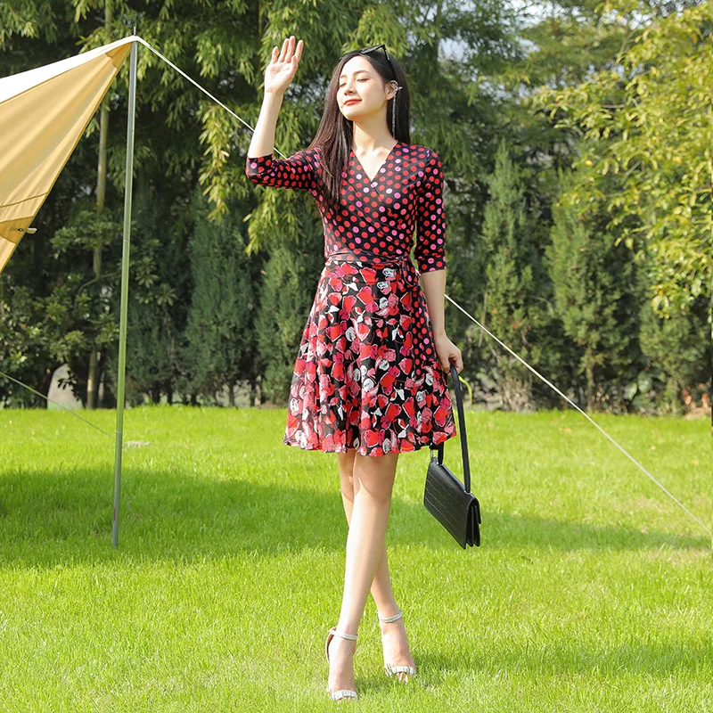 

Women Floral Print Wrap Red Short Dress Spring New Waist Lace-up Vestidos Female Elegant Long Dresses