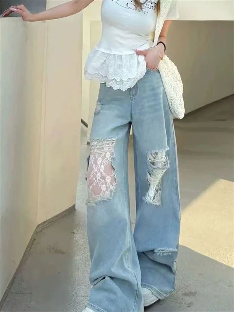 

Women's Splicin Holes Lace Summer Blue Jeans High Waist Wide Legs Trousers Cool Girl Casual Bottoms Female Denim Pants
