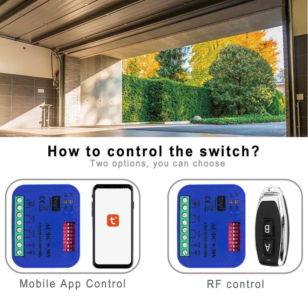 Tuya Smart Controller WIFI 300-868MHz Garage Door Remote Control Receiver 433MHz 868MHz AC DC 9-30V 85-250V Switch Module Opener