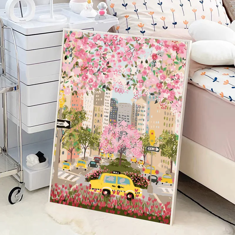 DIY Paint By Numbers Pink Spring Street View Digital Oil Painting for Adult and Kids