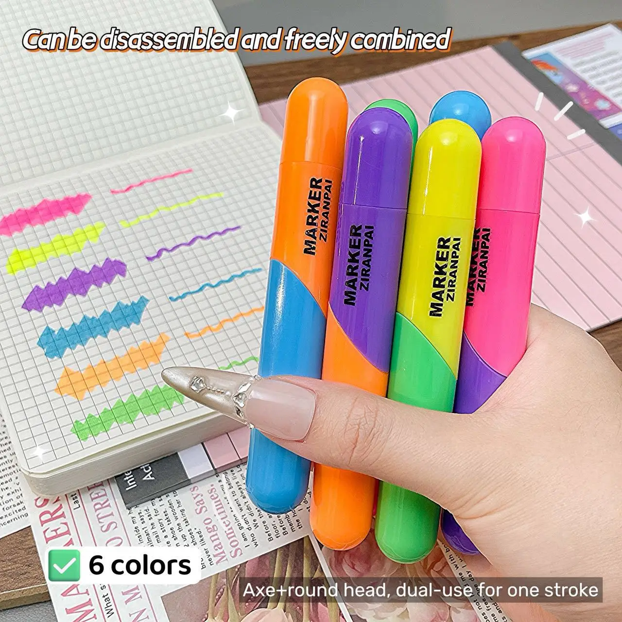 6PCS New Design Heart Shaped Glow Highlighters Dual Tip Foldable Fun Pens for Kids DIY Graffiti Notebook Highlighting