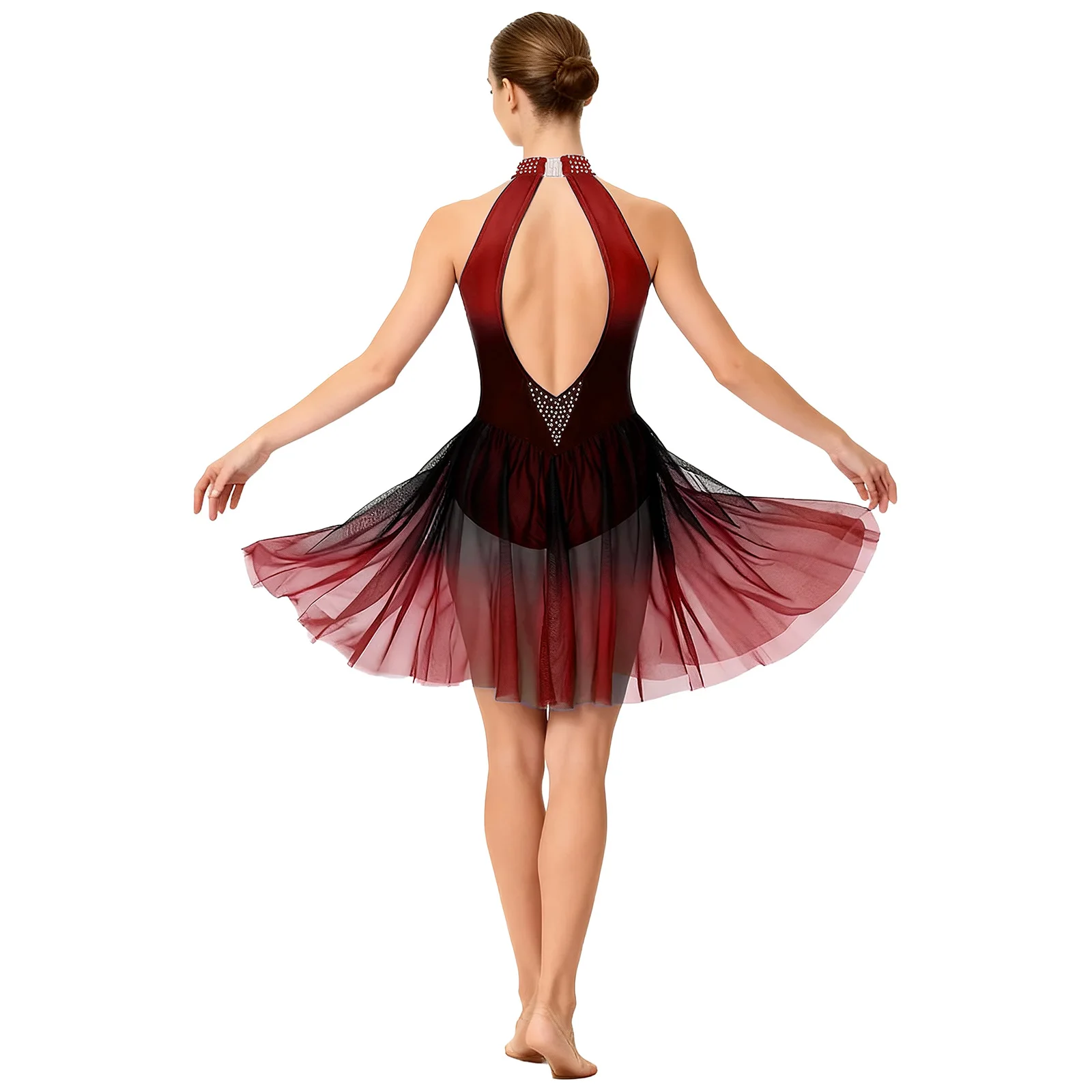 ชุดเดรสเต้นรำลีลาสำหรับผู้หญิง สายคล้องคอเว้าหลัง ประดับคริสตัลระยิบระยับไล่สี ผ้าตาข่ายโปร่งแสง แต่งผ้าปะติดปะต่อ สำหรับการแข่งขันบัลเลต์